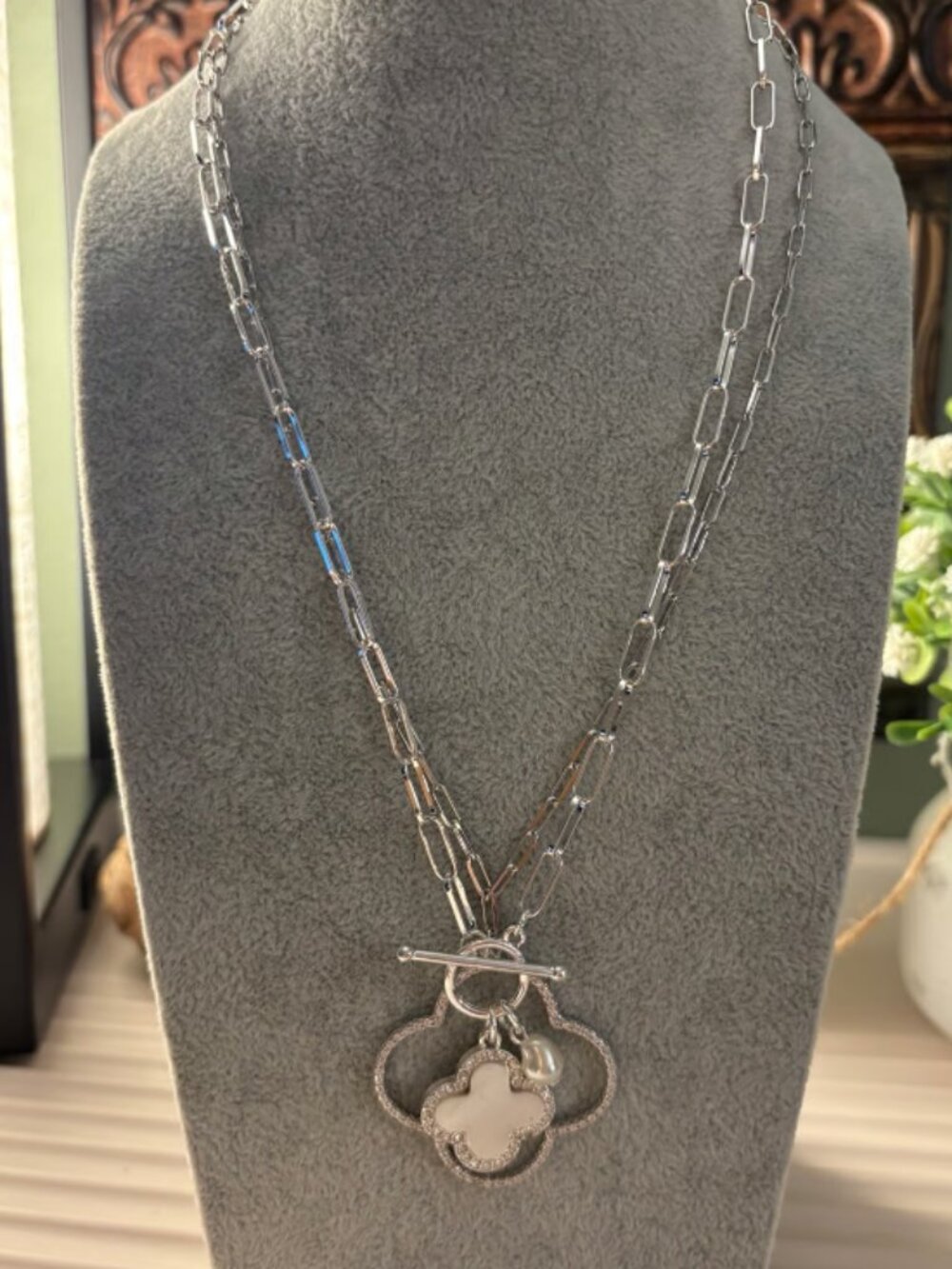 Clover CZ and Pearl Rhodium Necklaces